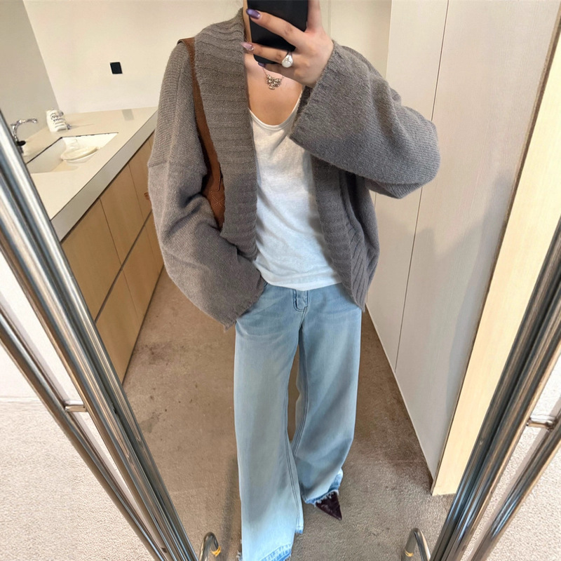 【实拍】翻领毛衣外套女气质慵懒风开衫宽松针织衫春秋羊毛上衣|undefined