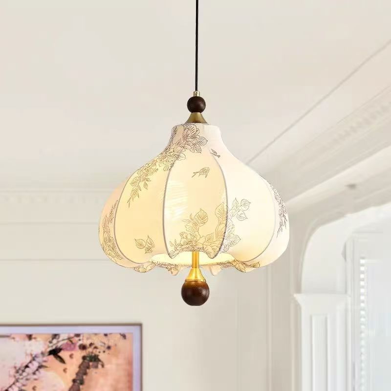 French-style ancient restaurant fabric pendant light retro Bauhaus pattern solid wood room bedroom closet chestnut lamp