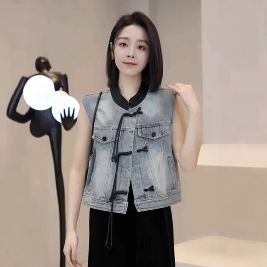 Early Spring and Autumn Chinese-Style Denim Vest Jacket for Women, Summer 2025 New Small-Sized Outerwear Short Top Trendy