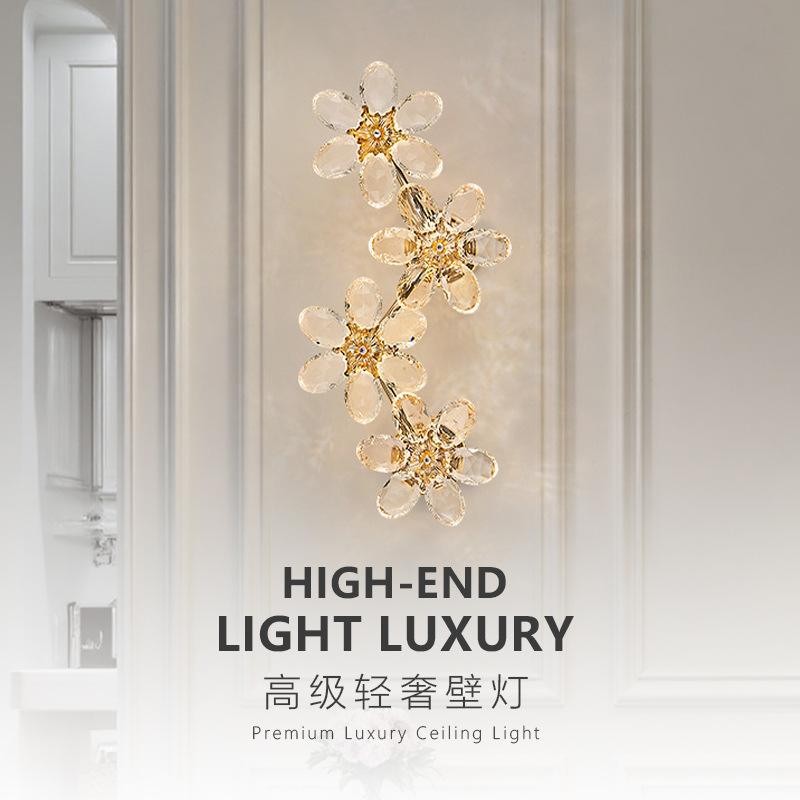 新款法式轻奢花朵水晶壁灯卧室床头灯高端客厅背景壁灯走廊过道灯