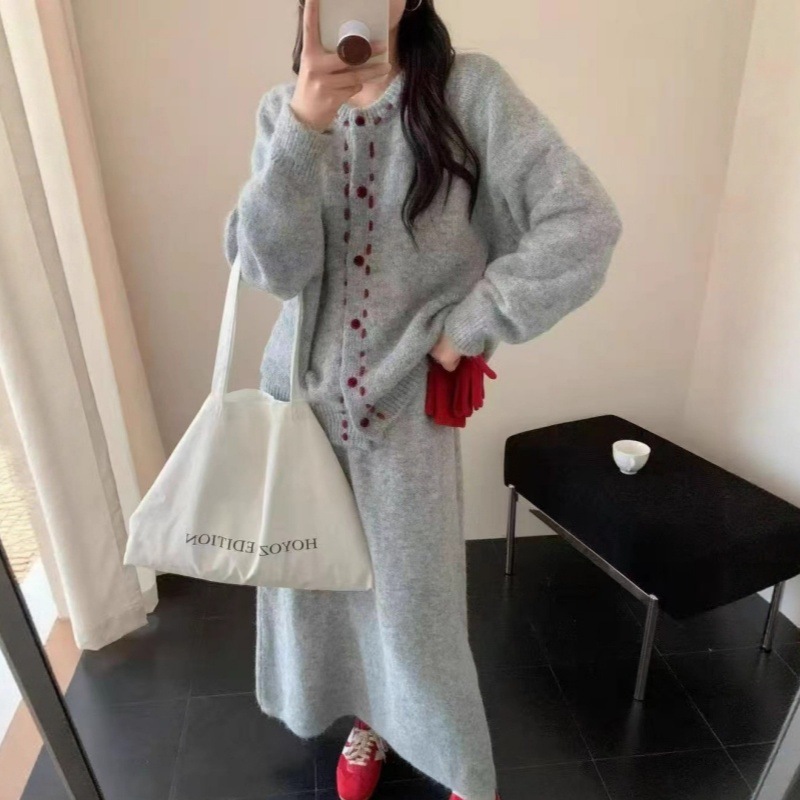 韩系秋冬新款针织套装女手工穿绳圆领针织开衫半身裙气质两件套女|undefined