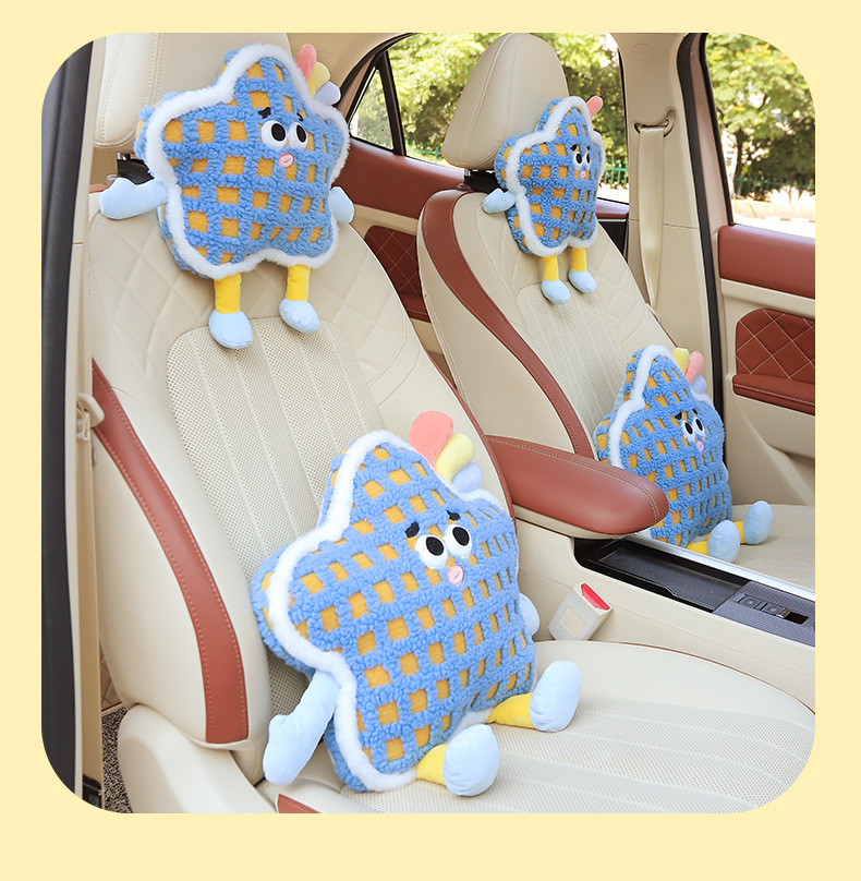 Car Headrest and Lumbar Support Set, Car Neck Pillow and Lumbar Cushion, Cute Cartoon Creative Plush Little Monster Car Lumbar Support