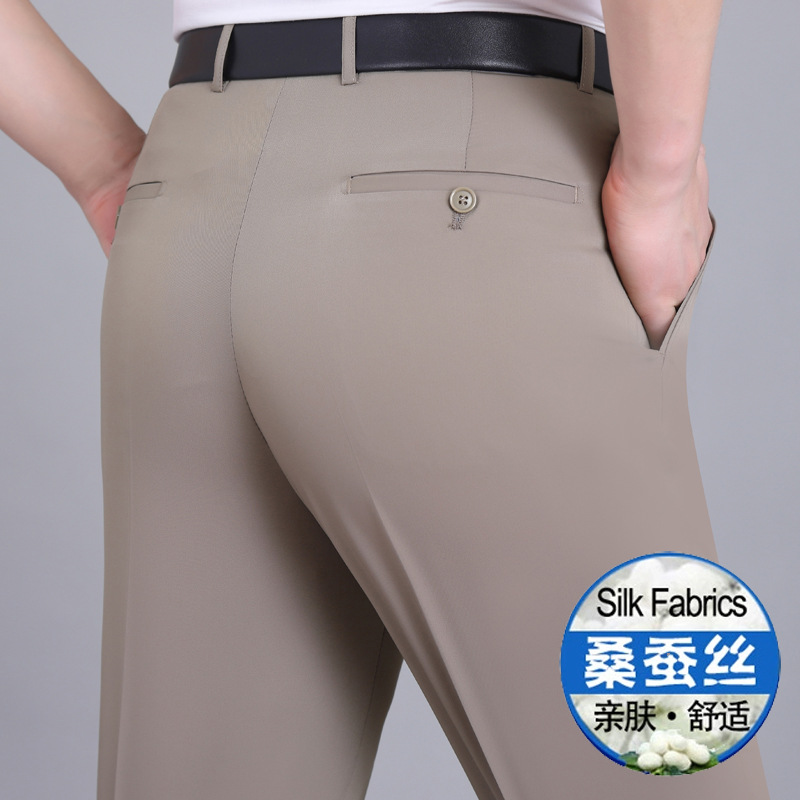 Pantalones finos de seda de morera para hombres de primavera y verano para hombres, pantalones rectos de mediana edad de cintura alta sin planchar para hombres de mediana edad y ancianos image 10