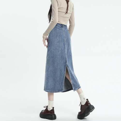 Women's High-Waist Vintage Opening A-Line Semi-Long Denim Skirt for Spring and Summer