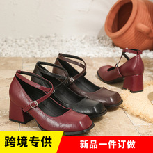跨境外贸欧码女鞋大码粗跟方头酒红色加大码单鞋32-45码高跟鞋6cm