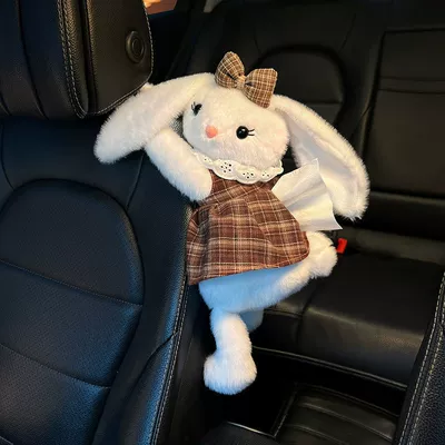 Car-Mounted Tissue Box with a Creative and High-End Feel, Hanging Type, Cute Rabbit Design, In-Car Tissue Holder, Creative Doll Decoration Accessory (Car tissue box/set) - bow-plaid-skirt-white-long-eared-rabbit-tissue-holder