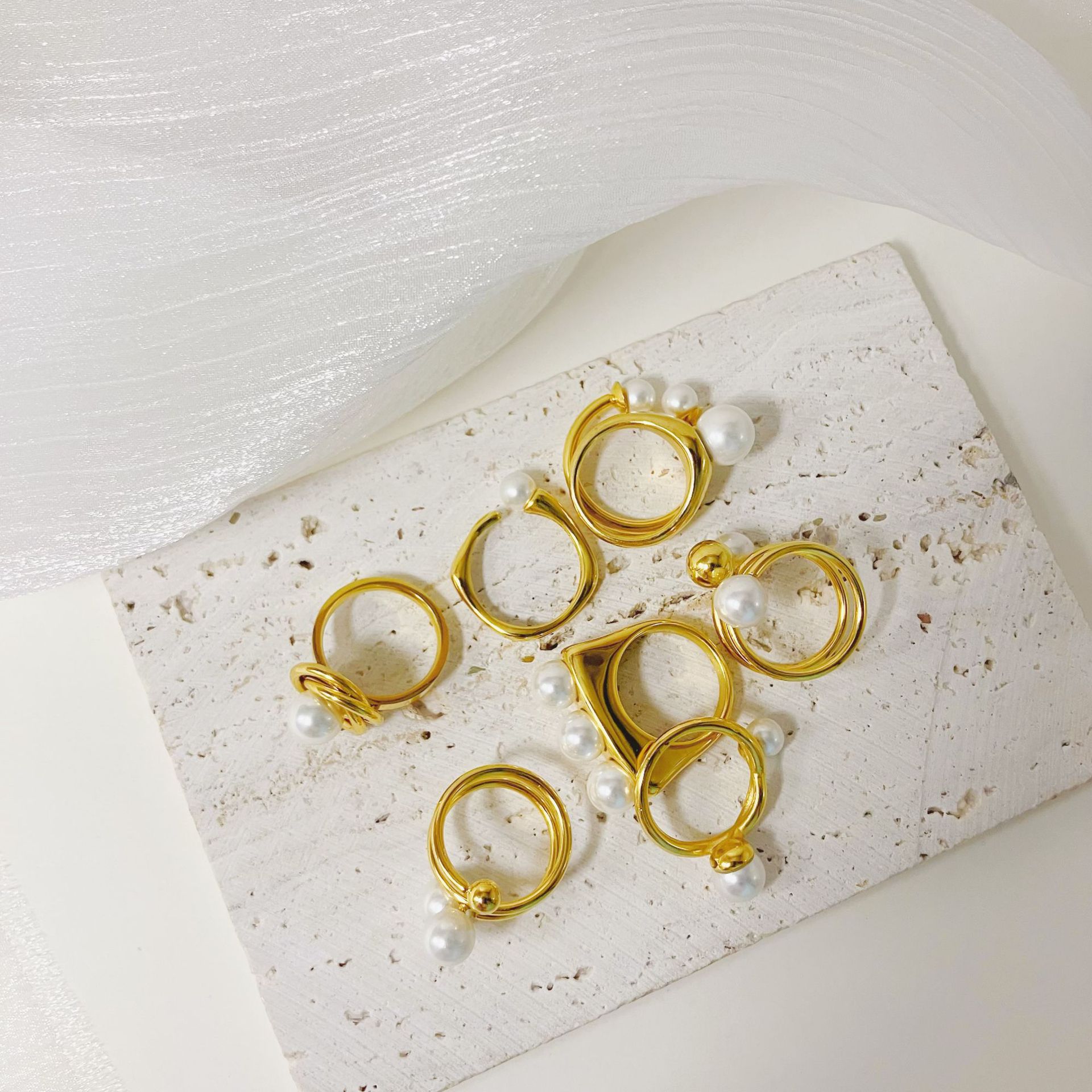 Retro Geometric Stainless Steel Pearl Rings 1 Piece