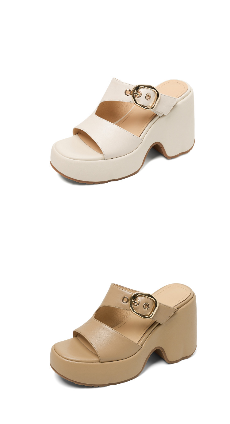Dép sandal nữ đế xuồng cao 10cm da thật quai khóa mũi hở mùa hè — màu trắng ngà, màu mơ chi tiết 17