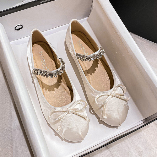 33-43~Same style as Su Yinyin~2024 summer super soft rhinestone round toe satin ballet shoes flat Mary Jane shoes