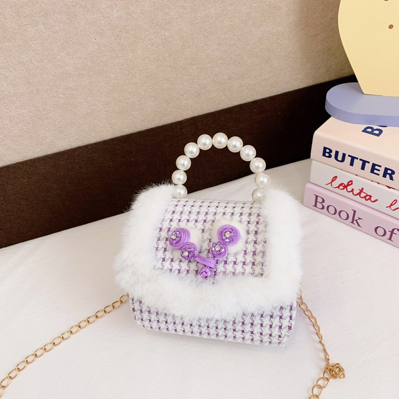 2025 bolsos de Año Nuevo para niños bolsos de perlas princesa de estilo cuadrado bolsos de hombro de cadenas de peluche niñas