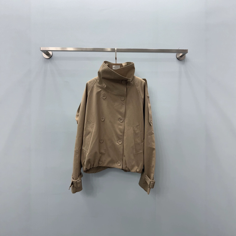 Nanyou high-end version AC Korean-style stand-up collar double-breasted short workwear trench coat in khaki with a loose silhouette