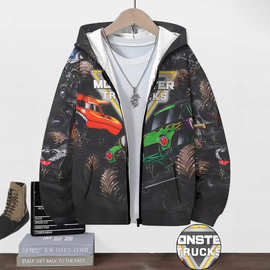 跨境网布面料欧美新款开衫童装卫衣3D打印时尚印花休闲拉链连帽衫