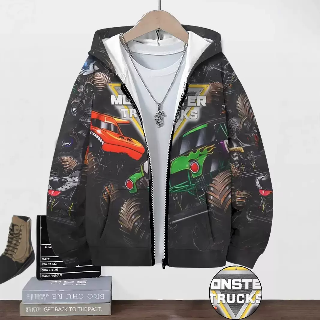 跨境网布面料欧美新款开衫童装卫衣3D打印时尚印花休闲拉链连帽衫