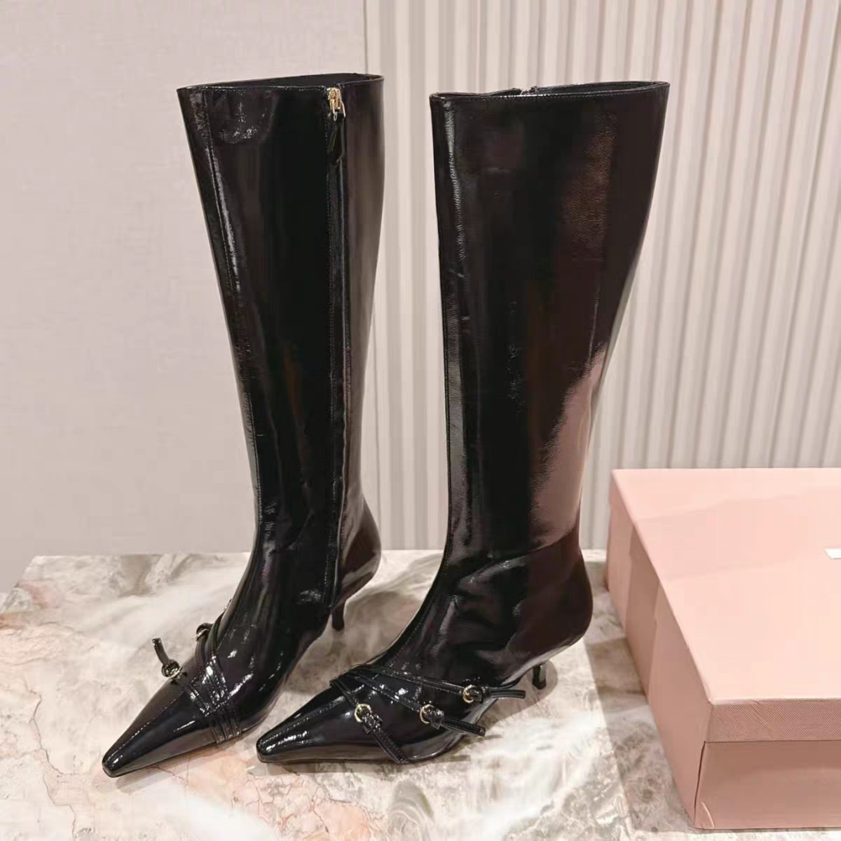 欧货秋冬新款漆面尖头细跟高筒长靴女欧美时尚气质过膝靴