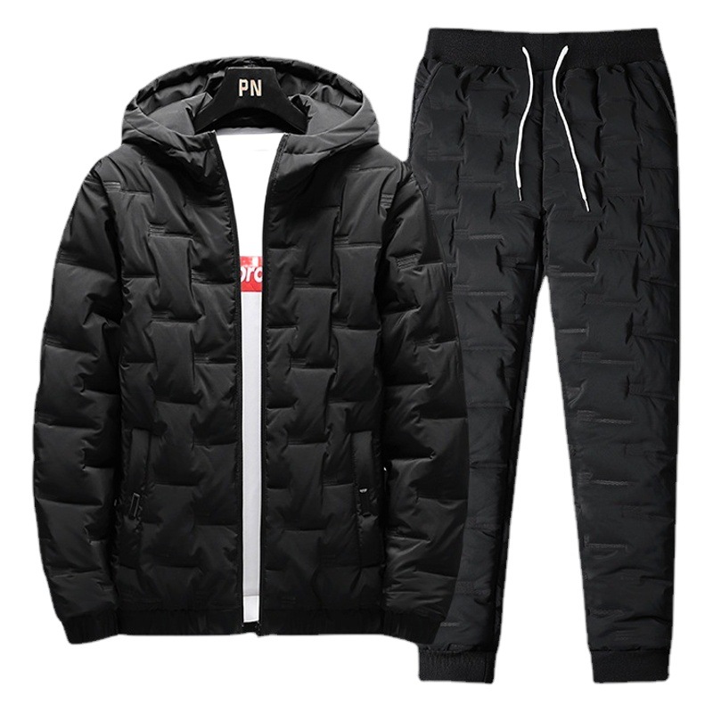 Abrigo de algodón acolchado de los hombres de invierno Nuevo conjunto completo engrosado de moda caliente con capucha de los hombres abajo traje de algodón casual traje de dos piezas de los hombres