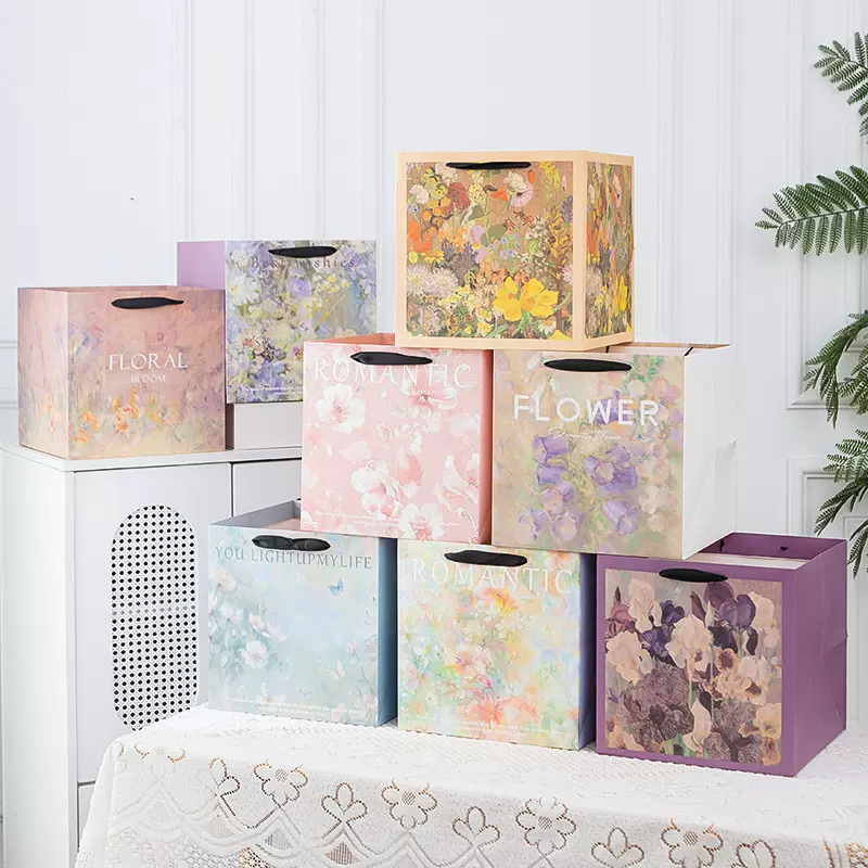 油画风鲜花礼品袋花束包装手提袋情人节礼物纸袋子正方形加厚礼袋