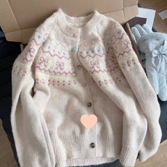 韩版撞色提花针织开衫女宽松短款慵懒风外搭上衣秋冬新款毛衣外套