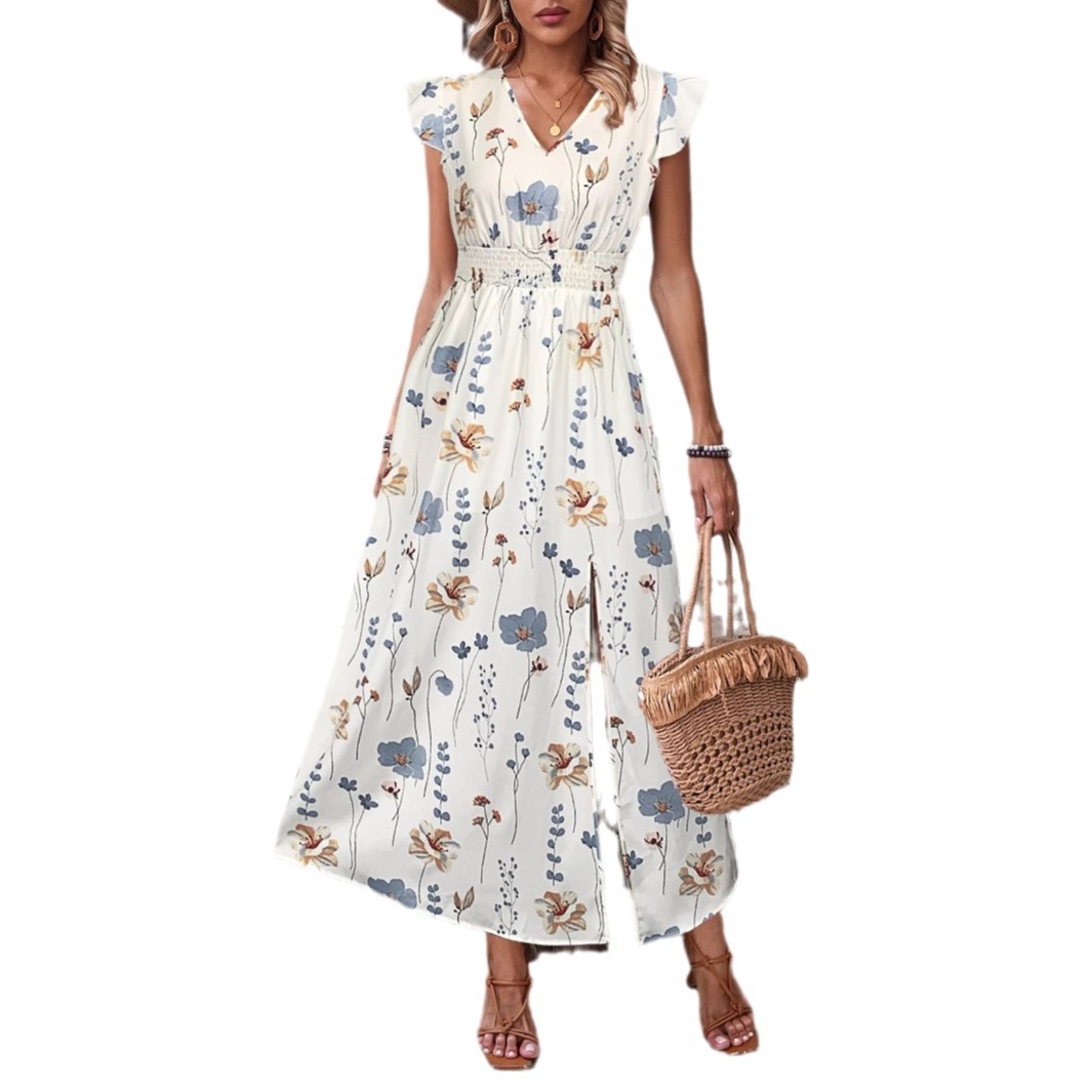 European And American Style Ruffled V-Neck Cross-Border Trade New High-Waisted Slit Printed Long Dress_ecoleips.com