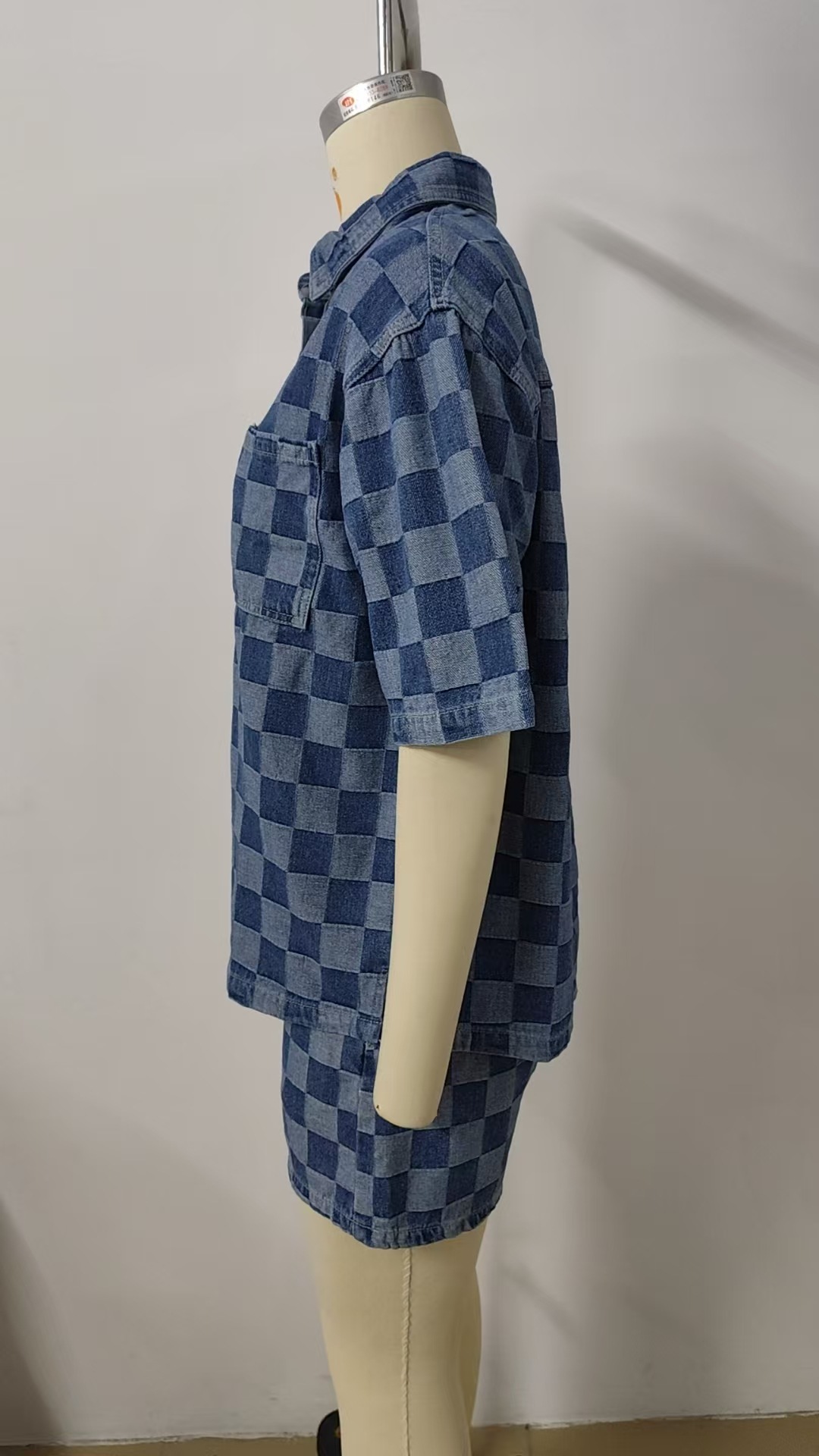 Women Summer Thin Washed Casual Loose Denim Plaid Shirt Short Sleeve Sets