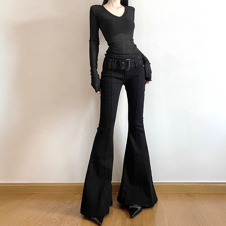 Y2K American-Style Spicy Girl Black Flared Pants for Women, New Retro Casual Niche Design, Slim Low-Waist Long Pants, Ins Trend