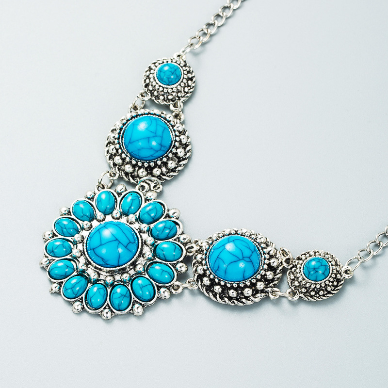 European and American retro sun flower blue turquoise necklace retro ethnic style necklace