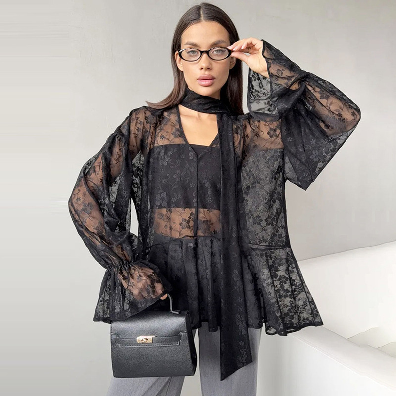 Cross-Border European and American Black Lace Shirt with Floating Collar V-Neck Semi-See-Through Sexy Elegant Top 2025 Autumn and Winter New Style