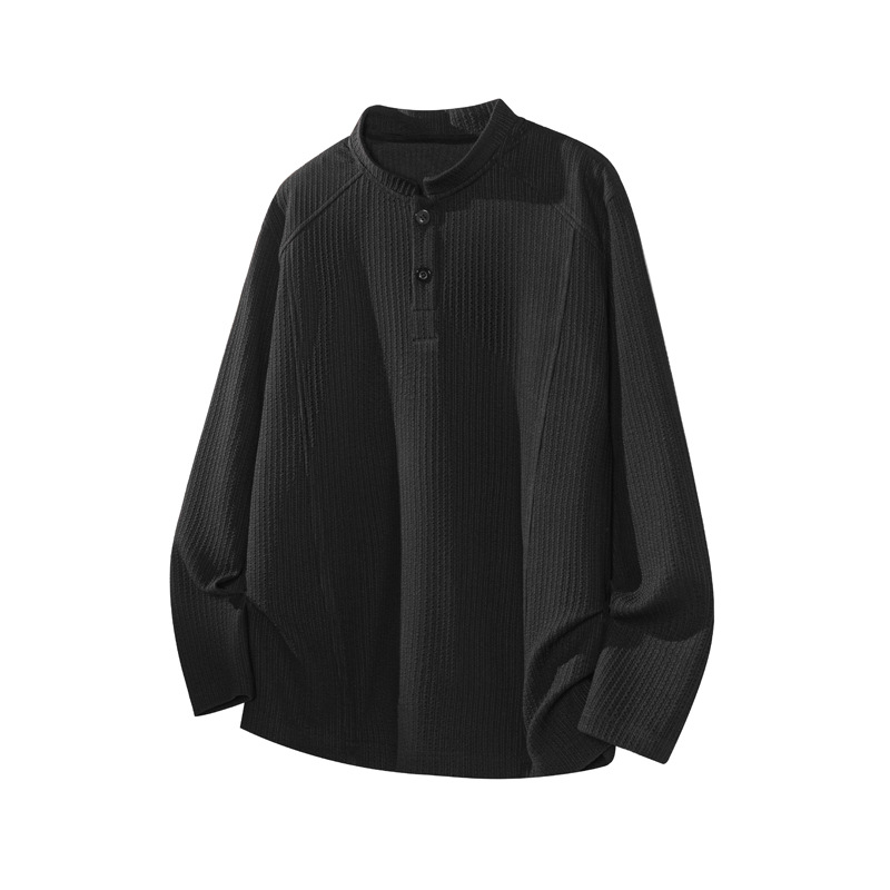 Textured Henry Collar Long-sleeve T-shirt, Autumn Patchwork Deconstructed Heavy Polo Shirt, High-end Stylish Hoodie_voghion.com