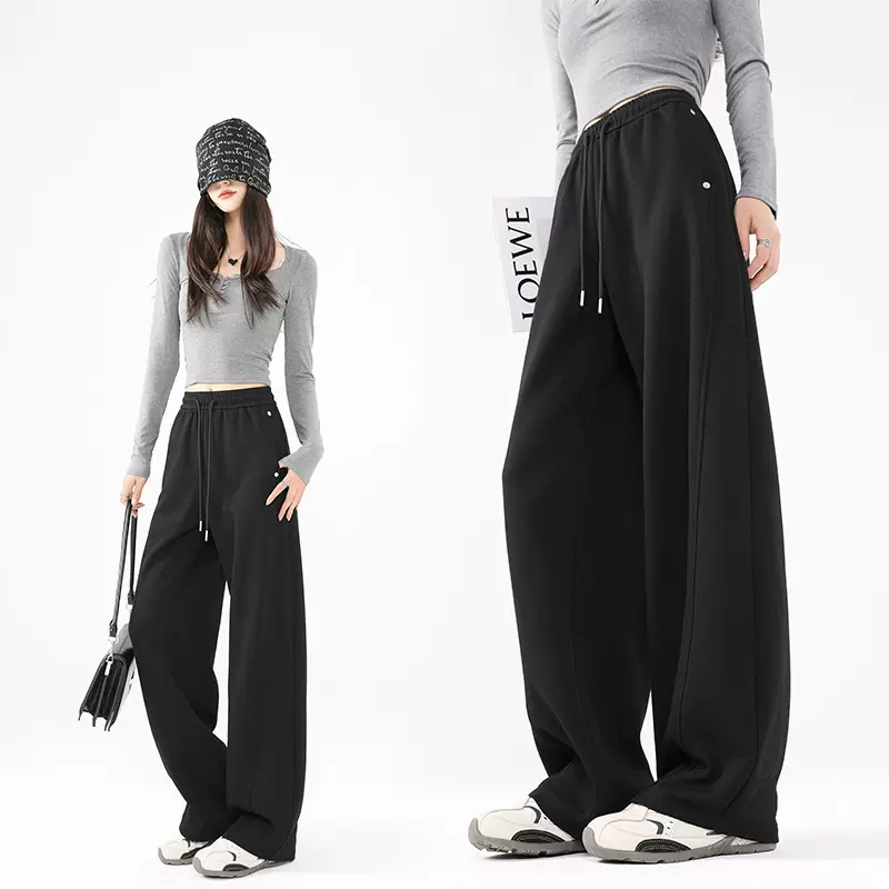 铆钉阔腿裤女秋冬2025新款加绒直筒运动裤子设计感宽松显瘦弯刀裤