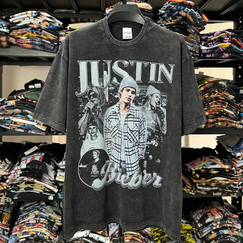 Cross-border retro hip-hop Justin Bieber Printed Short Sleeve T-shirt Wash Heavy Cotton T-T