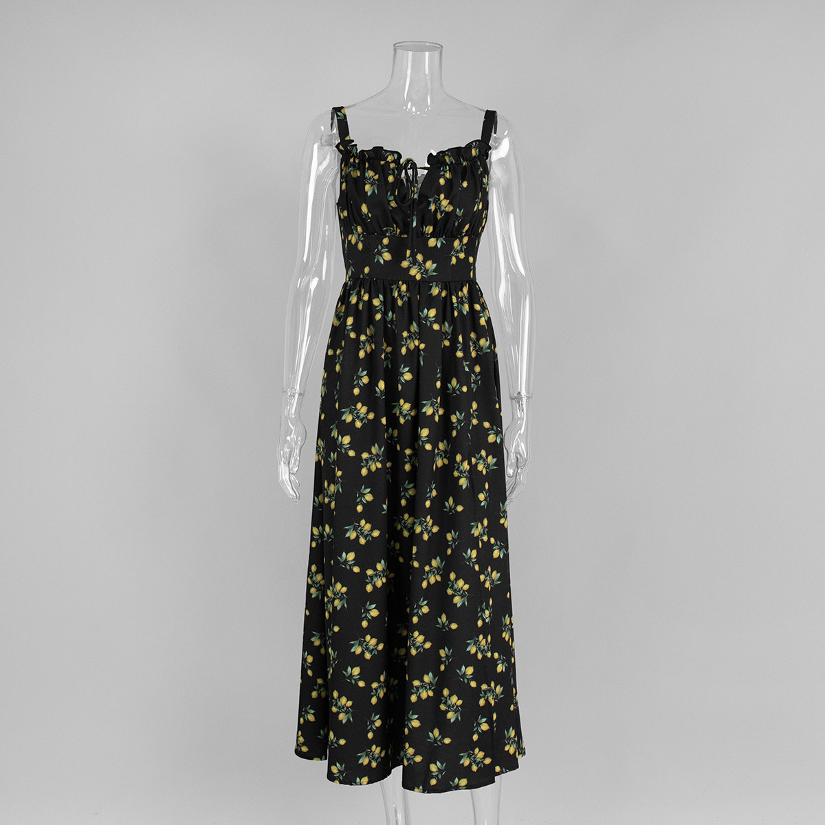 Cross-Border Floral Strap European And American 2025 Summer New Low Neck Tie Slit High Waist Printed Dress_ecoleips.com