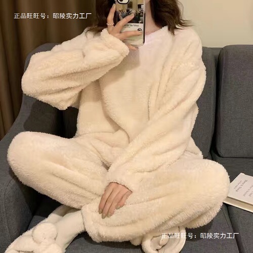 Winter flannel round-neck pajamas for women, long-sleeved new style, warm, thick and velvet pajamas and velvet home wear for women
