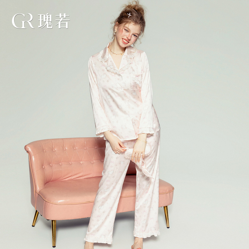 Guiruo Classic Shirt-Style Lapel Cute Printed Satin Top and Long Pants Two-Piece Women's Home Set X7154