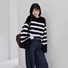 针织衫2025秋冬季新款羊毛撞色条纹毛衣斜袖口女宽松休闲长款上衣