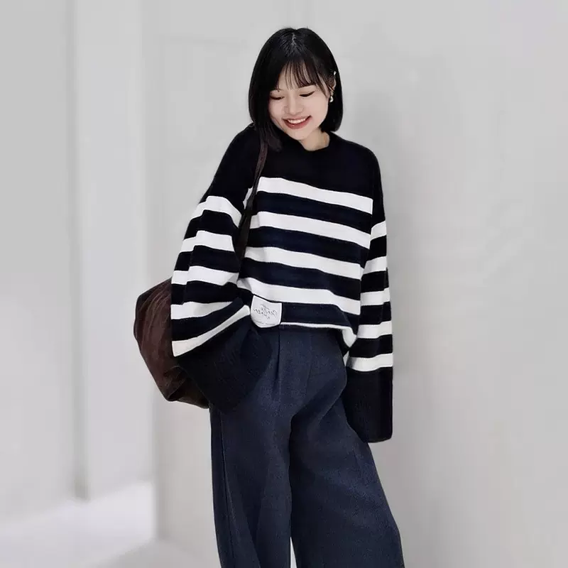 针织衫2025秋冬季新款羊毛撞色条纹毛衣斜袖口女宽松休闲长款上衣