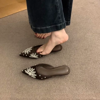 粗跟法式包头半拖鞋外穿女鞋子2025年春秋新款棕色水钻尖头晚晚鞋