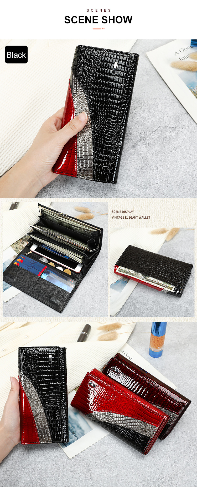 Ví cầm tay nữ da thật dáng dài phong cách đơn giản — Đen, Đỏ, Đỏ rượu, 18.5*3*9cm chi tiết 4