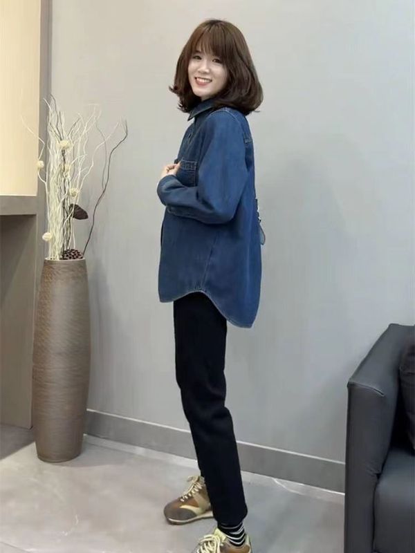 复古水洗牛仔衬衫女秋冬季复古港风轻奢加厚叠穿打底内搭衬衣上衣|undefined
