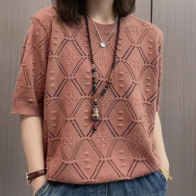 Women's Casual Fashion Knitted Short-Sleeve Top 2026 Summer New Jacquard Hollow-Out Slim-Fit Sweater Blouse Women's Casual Fashion Knitted Short-Sleeve Top 2026 Summer New Jacquard Hollow-Out Slim-Fit Sweater Blouse