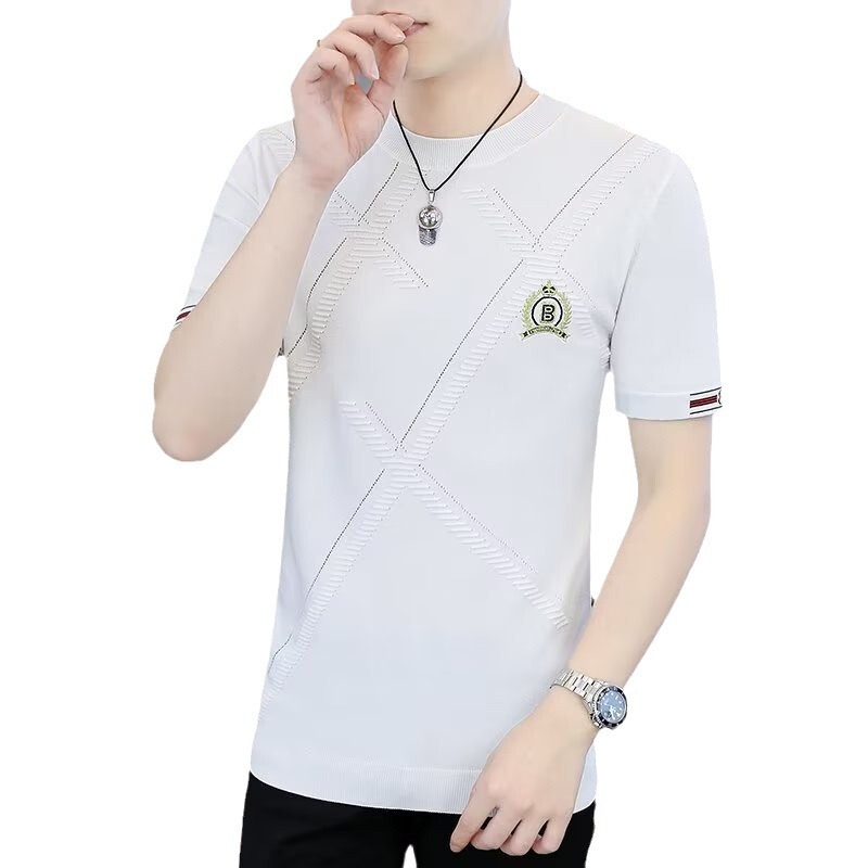 夏の男性の薄い半袖のtシャツの潮のブランドの新しい刺繍のニットの半袖の丸首の夏服の高級な男性のtシャツの上着|undefined