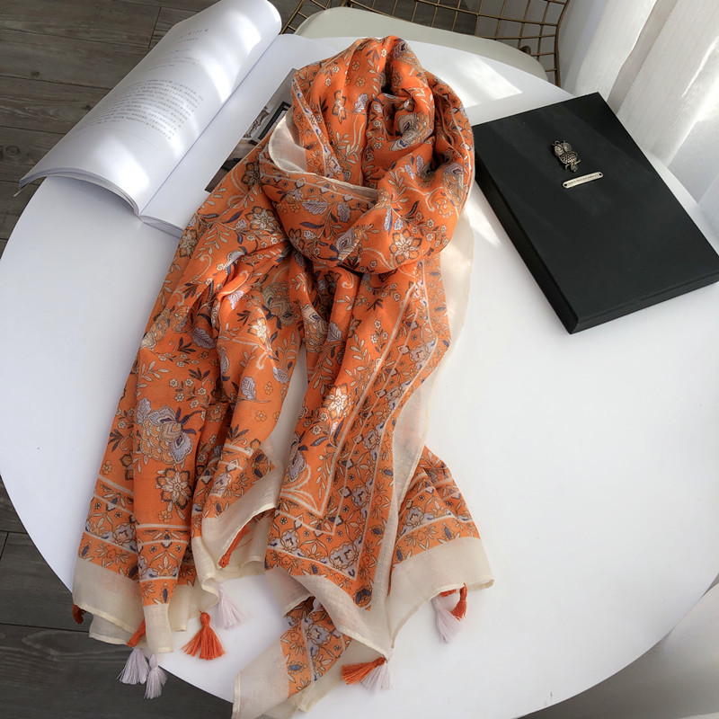 Scarf orange Cotton and hemp scarf spring and autumn Shawl Dual use Ethnic style Silk scarf Broken flowers Seaside Sunscreen Beach towel