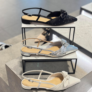 Fairy Style Baotou Sandals Women's 2025 Summer New 71720129 Pointed Flat Bow Pleated Diamond Sandals