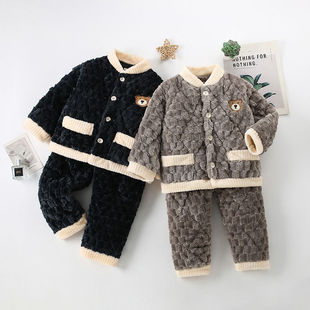 Boys' Pajamas Coral suit Autumn and Winter fleece-lined Boys and Girls Cardigan Children's Thickened Baby Flannel Home Clothes