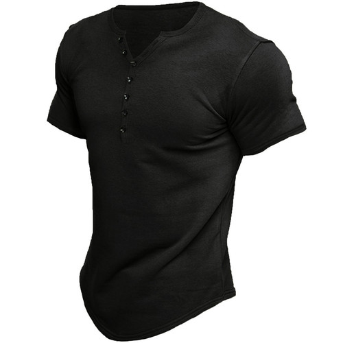 Cross-border Amazon Summer New Foreign Trade European and American Men Henry Shirt Short-sleeve Men Plain Button T-shirt Top