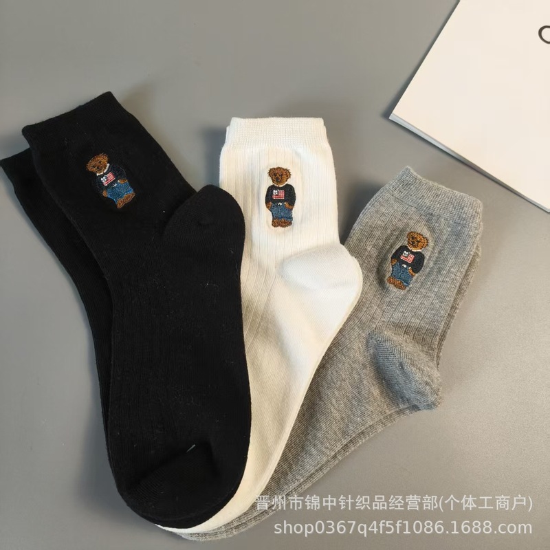 小熊潮袜Ralph 新款劳伦小熊袜刺绣提花中筒潮袜红书代购款批发|undefined