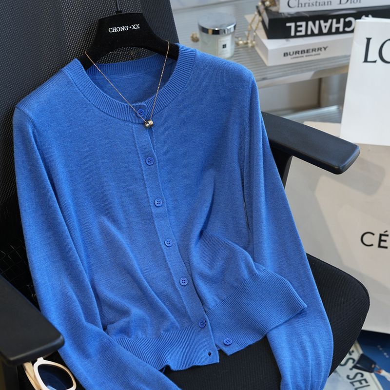 Fine Imitation Wool Long Sleeve Round Neck Knitted Cardigan Women's Casual Top Base Shirt Air-conditioning Shirt Early Autumn 2024 Fine Imitation Wool Long Sleeve Round Neck Knitted Cardigan Women's Casual Top Base Shirt Air-conditioning Shirt Early Autumn 2024