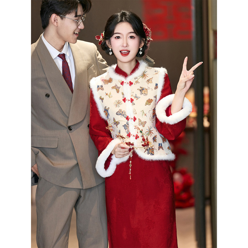 Red Cheongsam Toast Dress Bride Engagement Dress Skirt Female New Chinese Style Winter Wedding Home Wedding Dress Vest Suit