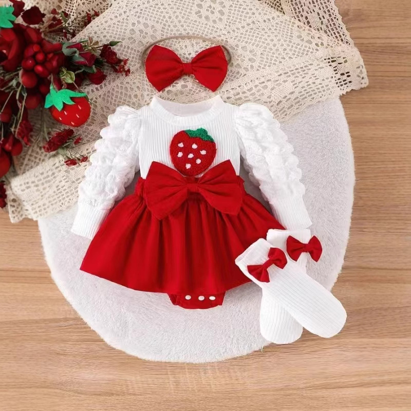 Cross-border foreign trade Europe and the United States new baby dress strawberry apple printing long bubble sleeve socks hair band