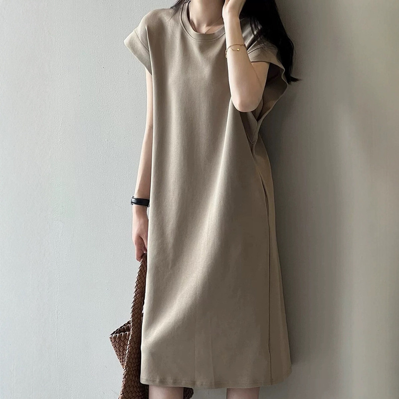 Japanese and Korean Style Casual Summer plus size Flying Sleeve dress French Style Anti-running Loose Niche Mid-length T-shirt Dress for Women