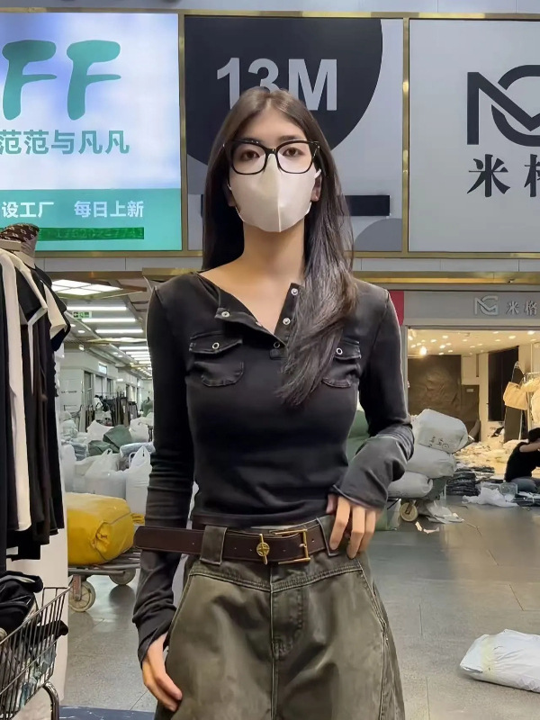 大码胖mm美式半开领双口袋长袖T恤女早秋辣妹风修身显瘦正肩上衣|undefined