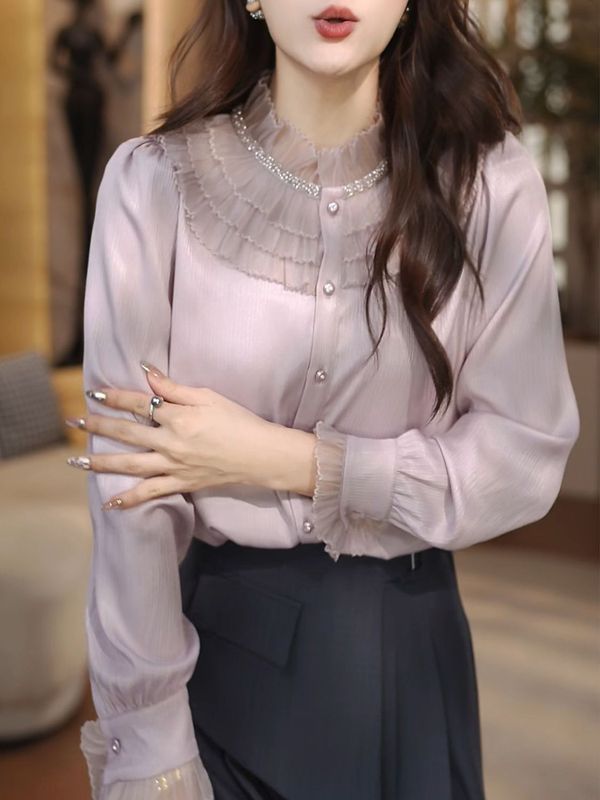 时尚气质设计感蕾丝拼接长袖衬衫女秋季新款漂亮小衫宽松上衣薪|undefined